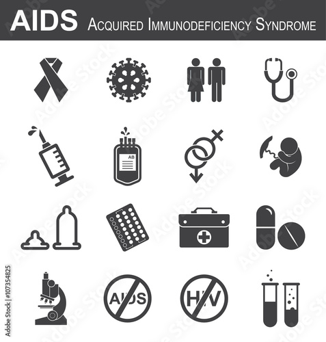 AIDS icon( red ribbon,HIV virus,man,woman,stethoscope,syringe,needle,blood bag, male , female , fetal ,condom, birth control or contraception pills ,medical bag, antiviral drug,microscope, test tube )