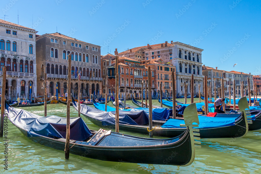 Gondolas in the Grand Canal of Venice, Italy