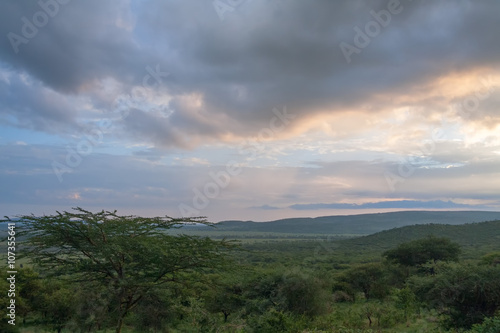 Savanna plain at dawn against distance view of mountain and storm cloudy sky background. Serengeti National Park, Tanzania, Africa. 