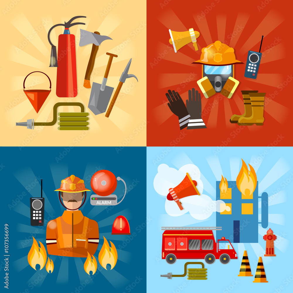 Fototapeta premium Firefighters set fire station fire fighting extinguish burning