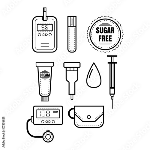 Diabetes. Set of linear icons, objects. Glucometer, insulin