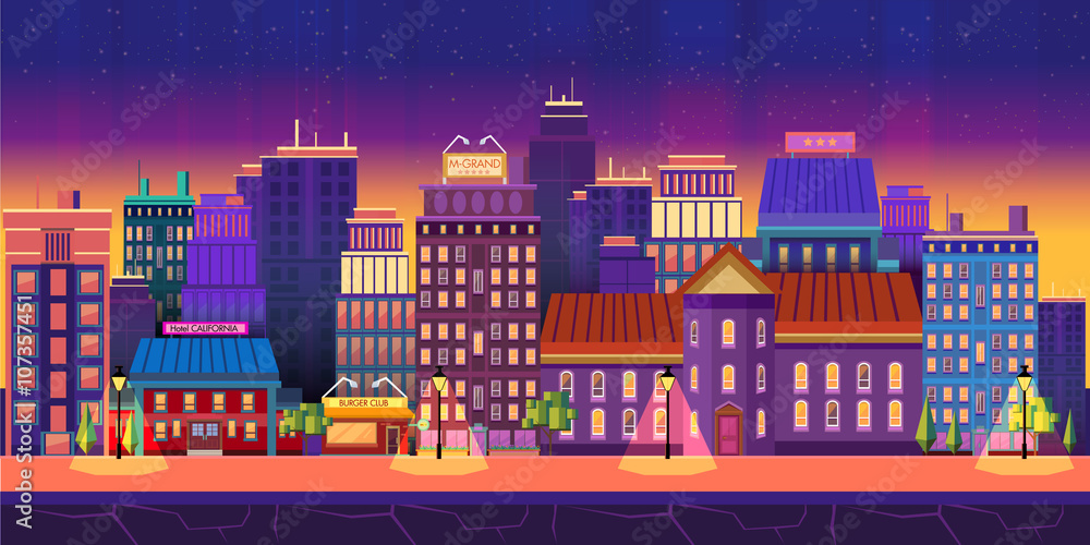 Night City Game Background 2d game application. Vector design. Tileable  horizontally. Size 1024x512. Ready for parallax effect Stock Vector | Adobe  Stock