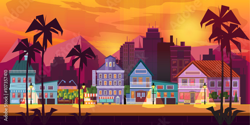 Night City Game Background  2d game application. Vector design. Tileable horizontally. Size 1024x512. Ready for parallax effect