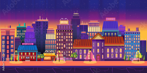 Night City Game Background  2d game application. Vector design. Tileable horizontally. Size 1024x512. Ready for parallax effect