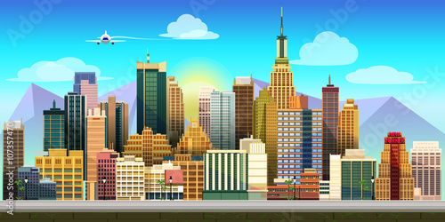 City Game Background 2d game application. Vector design. Tileable horizontally. Size 1024x512. Ready for parallax effect