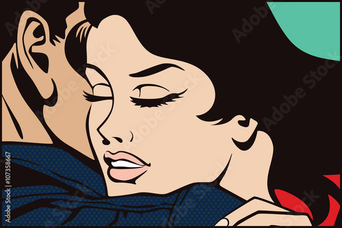 Stock illustration. People in retro style pop art and vintage advertising. Kissing couple.