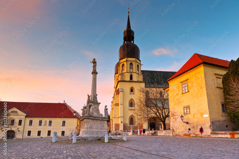 Monument and a church of saint Nicolaus in centre of Trnava, Slovakia.