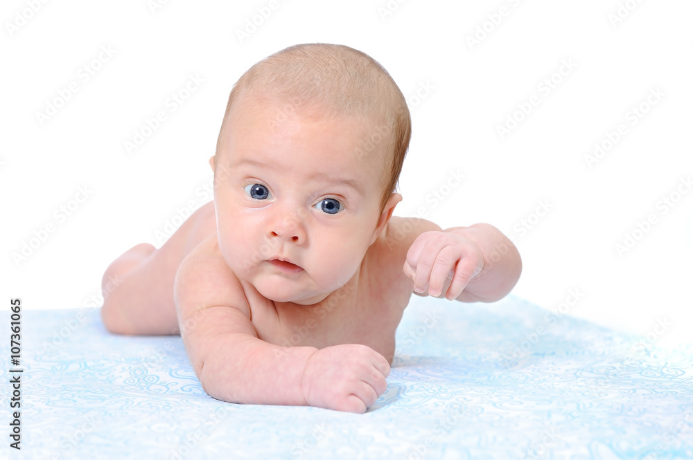 Portrait of a Newborn Baby Trying to Crawl on a Blue Blanket Portrait of a Newborn Baby Trying to Crawl on a Blue Blanket