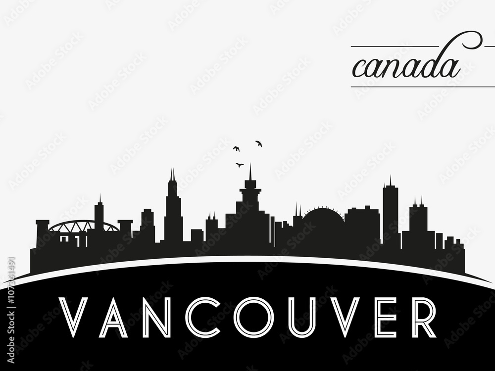 Vancouver Canada skyline silhouette, black and white design, vector illustration
