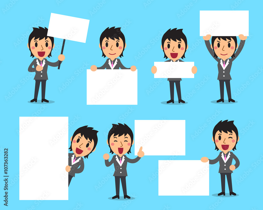 Set of businesswoman with blank white banner Set of businesswoman with blank white banner