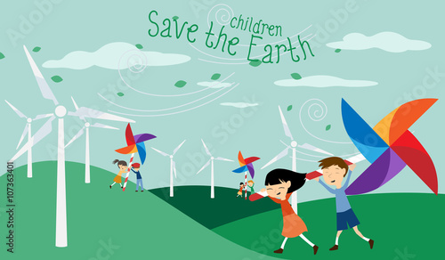 Save the Earth - Green energy for children - Illustration with electric windmill and Catherine wheel for kids