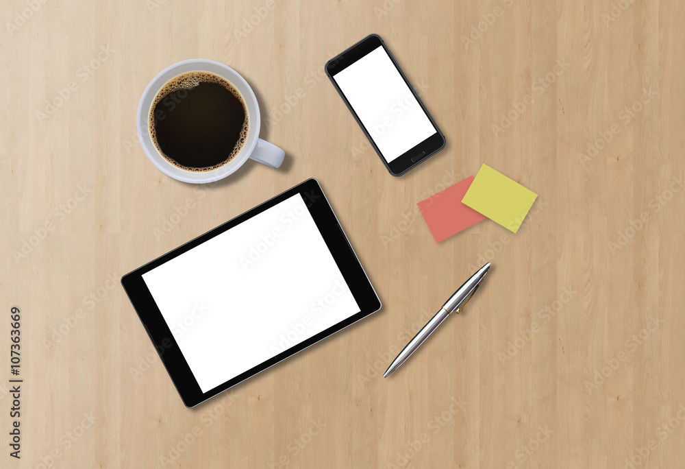 Office business desk mock up with smartphone and tablet Office business desk mock up with smartphone and tablet