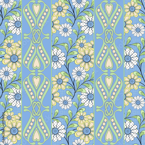 Floral seamless pattern in retro style, cute cartoon flowers light blue background striped