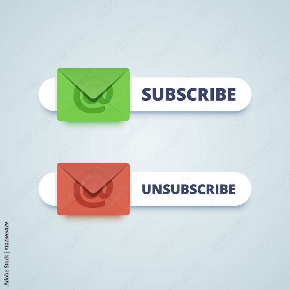 Subscribe and unsubscribe buttons with envelope sign. Subscribe and unsubscribe buttons with envelope sign.