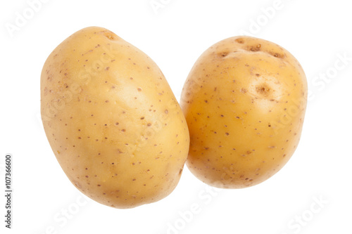 Two whole yellow potatoes. Isolated on white background. Close-u