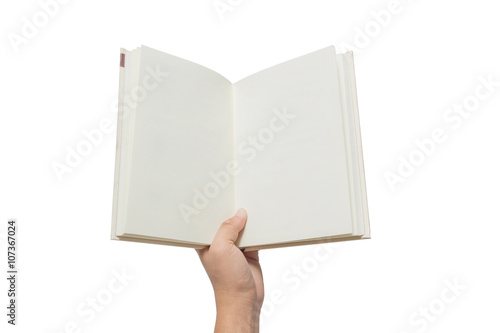 Hand holding white book isolated on white