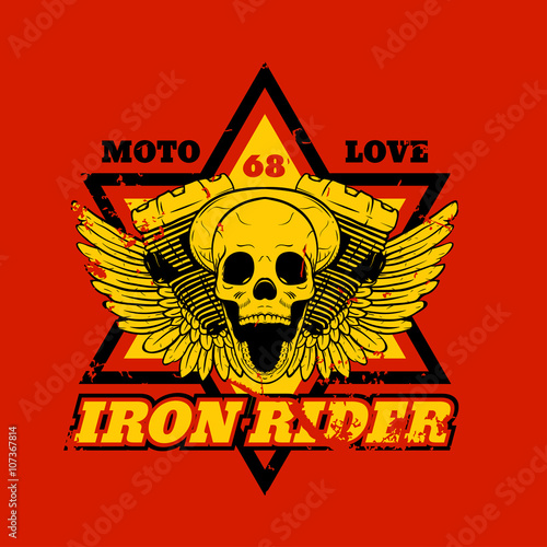 Skull biker. Iron Rider. Print for T-shirts and apparel. Rock