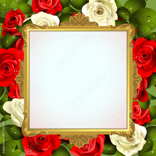 Golden frame with roses on white background