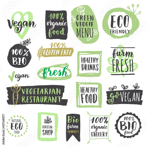 Fresh healthy organic vegan food labels and tags set