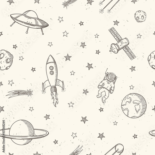 Hand drawn astronomy doodle seamless pattern.