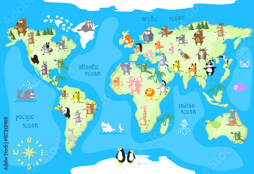 Concept design world map with animals of all the continents and oceans drawing in funny cartoon style for kids and preschool children. Vector illustration
