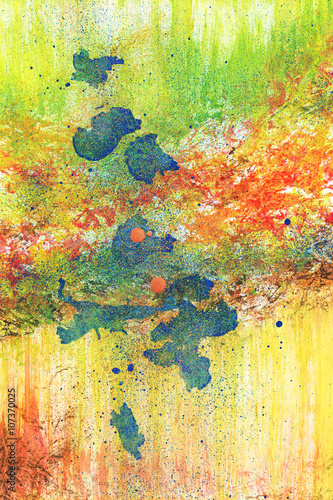 Kleine Malerei mit Deckfarben abstrakt grün rot gelbt mit blauen Klecksen © Goldengel