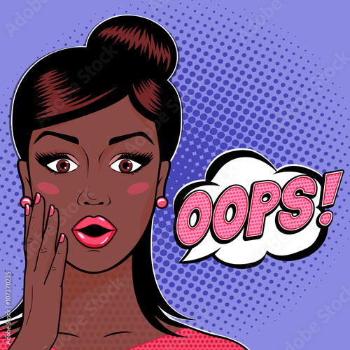 Ooops sign. Surprised or Confused african american woman face in pop art comics style with OOPS word bubble.