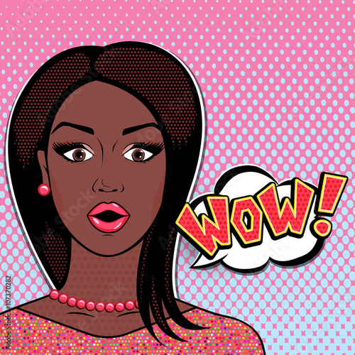 Vector pop art comics surprised african woman face with open mouth and WOW word bubble. Shocked african american woman hip in glittering pink dress.