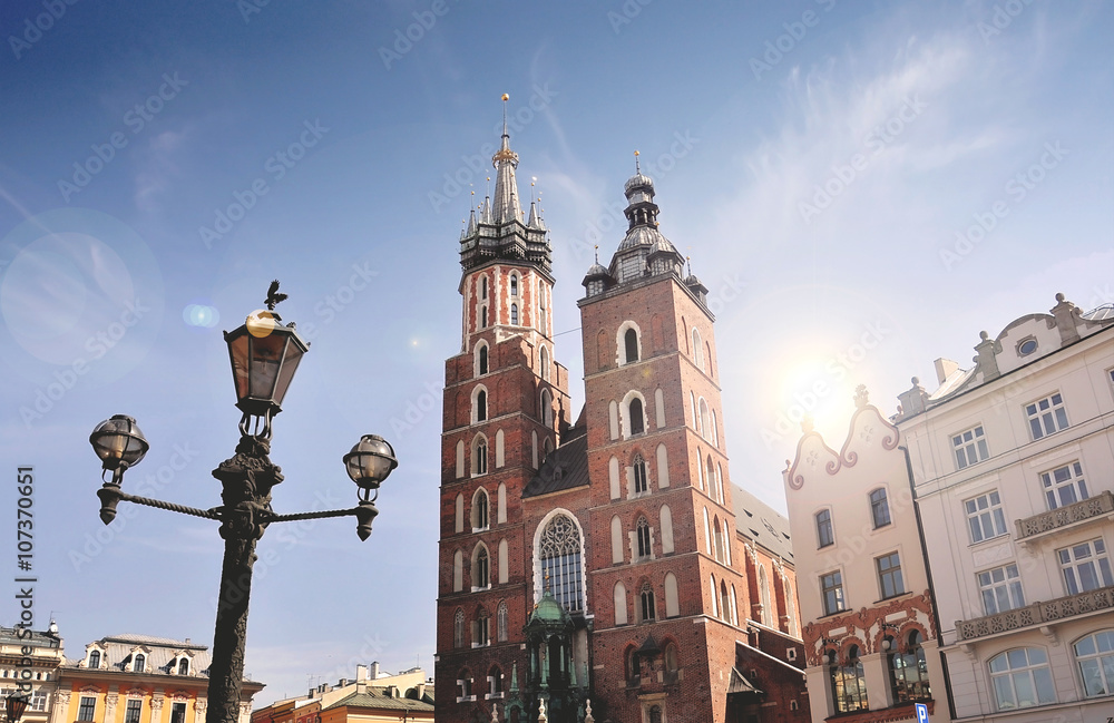 St. Mary's Basilica during a sunshine day in Krakow