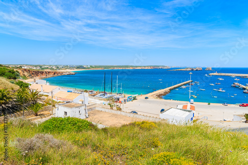 View of fishing port in Sagres town on coast of Portugal in Algarve region