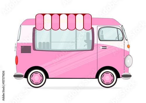 Funny cartoon pink van with ice cream on a white background. Flat vector