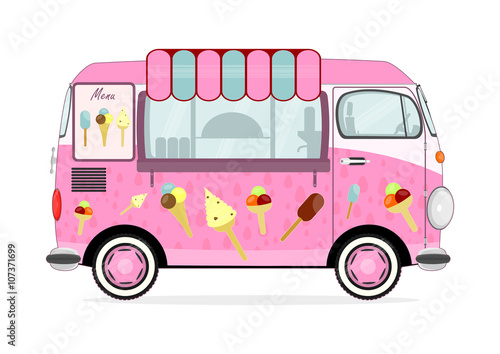 Funny cartoon pink van with ice cream on a white background. Flat vector