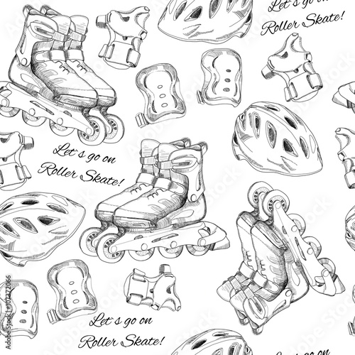hand drawn seamless pattern Roller Skates with protection and te
