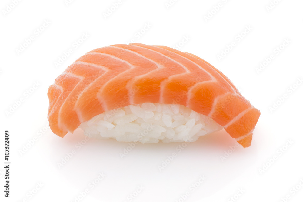 Japanese cuisine. Salmon sushi nigiri isolated on white background. Japanese cuisine. Salmon sushi nigiri isolated on white background.