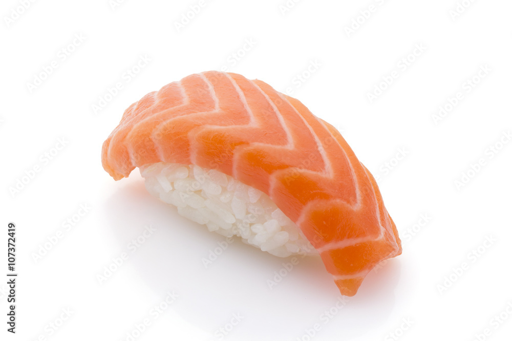 Japanese cuisine. Salmon sushi nigiri isolated on white background. Japanese cuisine. Salmon sushi nigiri isolated on white background.
