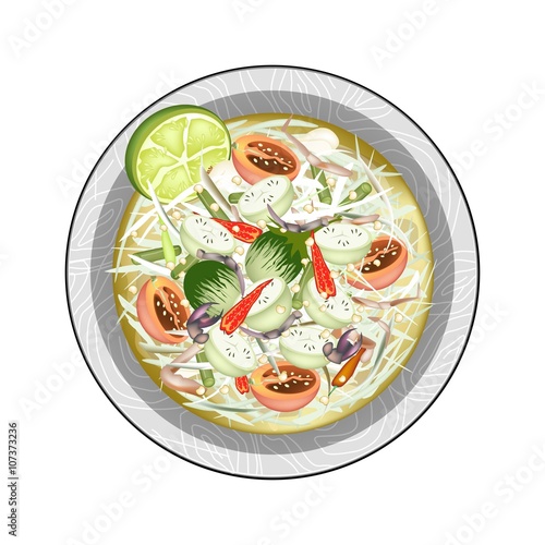 Green Papaya Salad with Green Eggplants and Salted Crabs