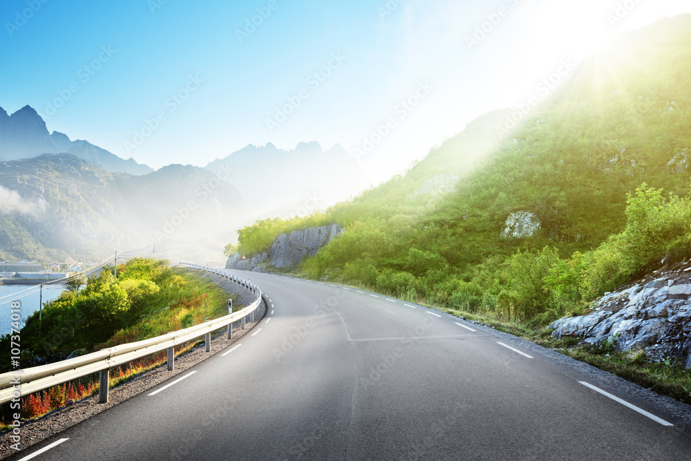 road and mist, Lofoten islands, Norway road and mist, Lofoten islands, Norway