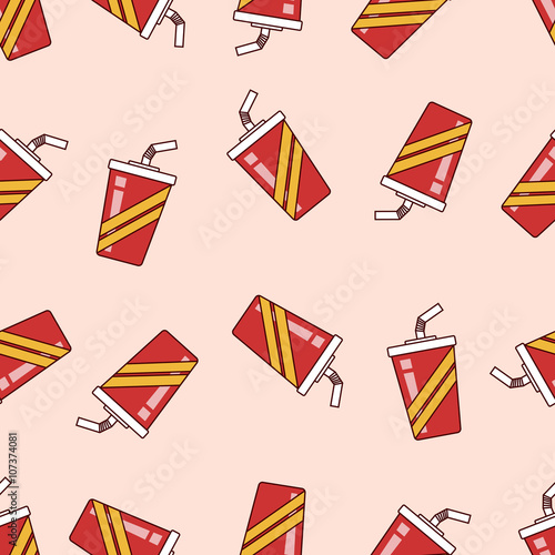 Vector seamless cup soda pattern. Cartoon retro cup soda background.