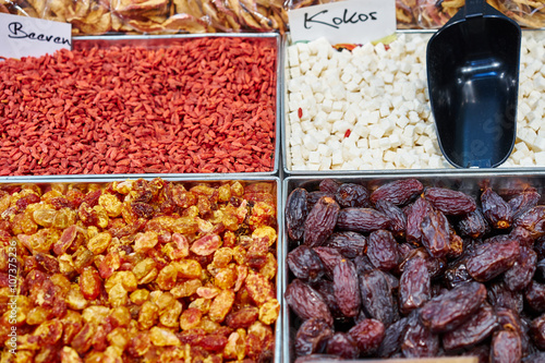 Healthy nutrition with dried fruits / Dried fruits on food market for healthy living