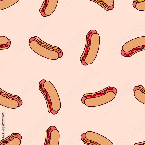 Vector seamless pattern with hot dog. Hot Dog with mustard and ketchup seamless background. Cartoon retro Hot dog on pink background.