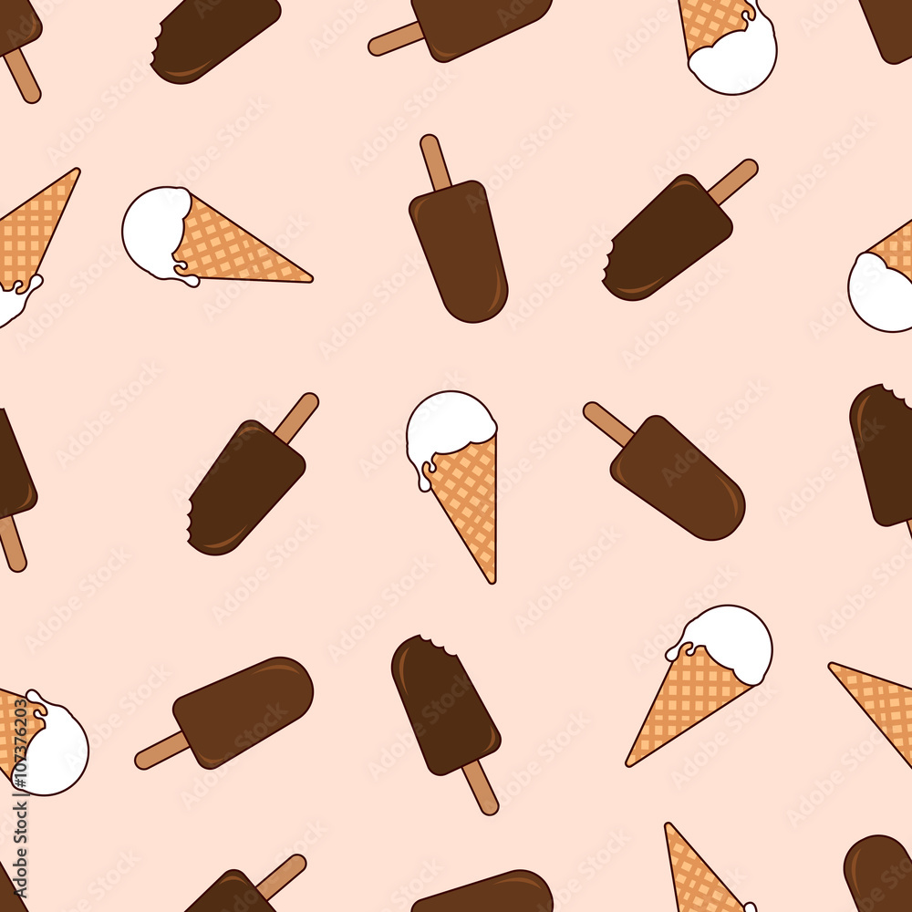 Vector seamless vanilla ice-cream pattern. Cartoon retro vanilla and chocolate ice cream pattern. Ice cream on pink background. Vector seamless vanilla ice-cream pattern. Cartoon retro vanilla and chocolate ice cream pattern. Ice cream on pink background.