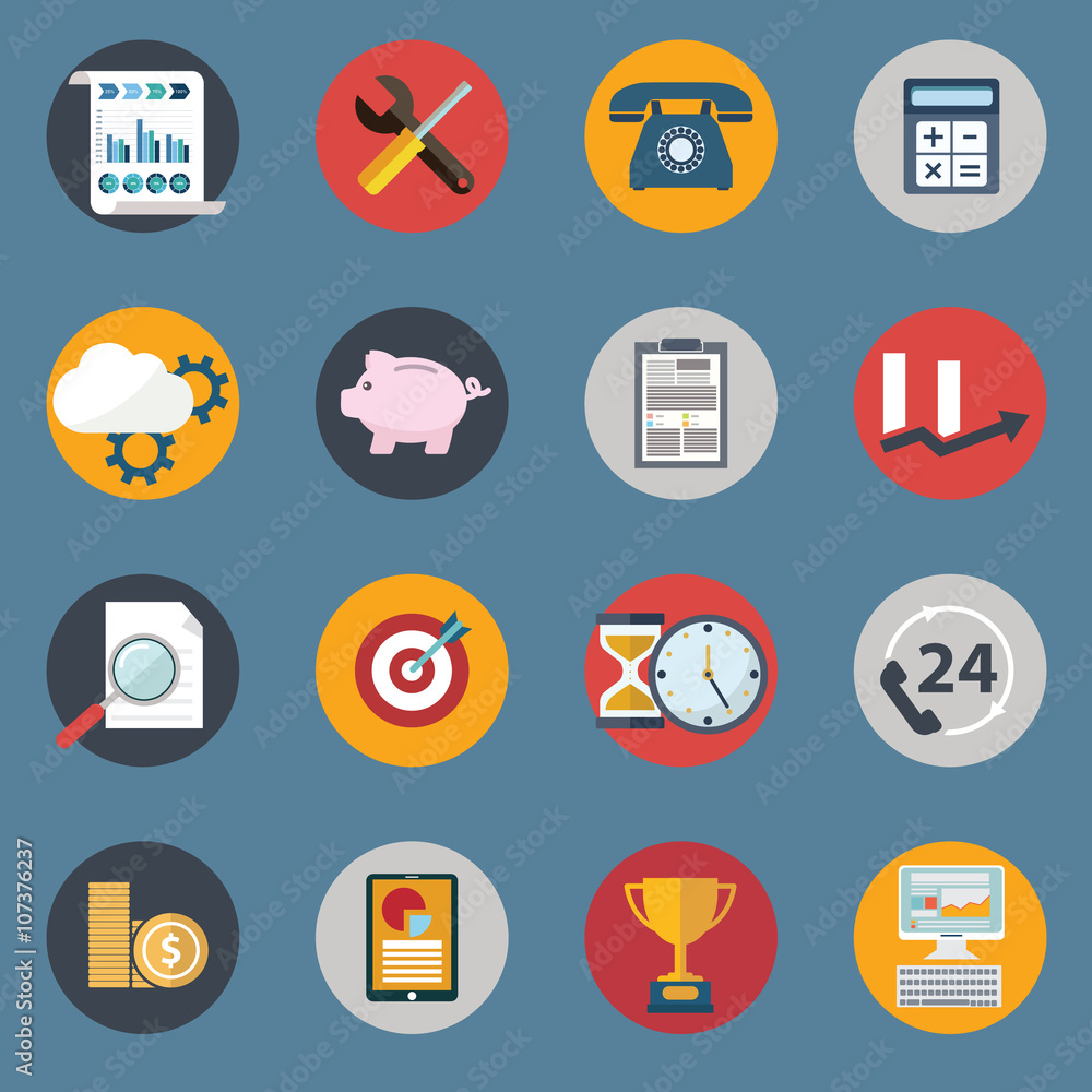 Set of various financial service items, web and technology development, business management symbol, marketing items and office equipment on background Set of various financial service items, web and technology development, business management symbol, marketing items and office equipment on background