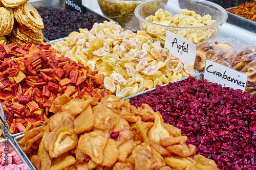 Healthy nutrition with dried fruits / Dried fruits on food market for healthy living