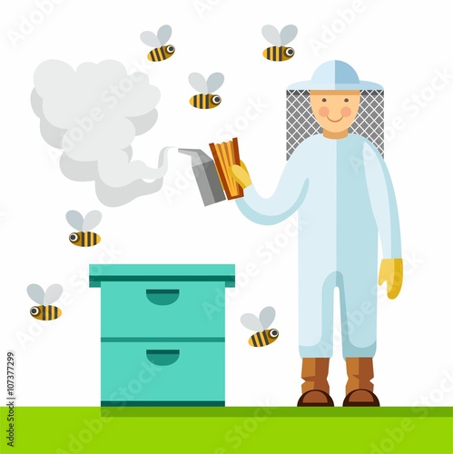 The beekeeper in the apiary, color picture.  