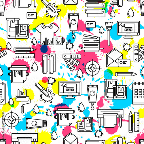 Vector seamless pattern with outline printing icons, watercolor blots and splashes. Abstract watercolor background in cmyk colors. Design concept for copy center, printing service, publishing design.