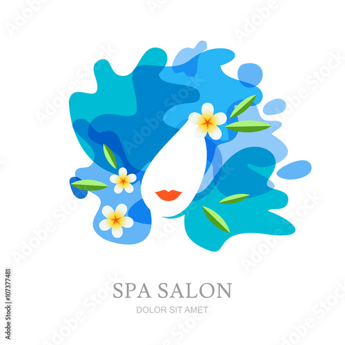Female face and plumeria flowers on water splash background. Vector logo, emblem design, isolated. Template for spa, ayurveda, beauty salon, cosmetics, cosmetology. Hairstyle and haircut concept. 