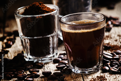 Coffee beans, ground coffee, espresso in a glass, coffee, vintag