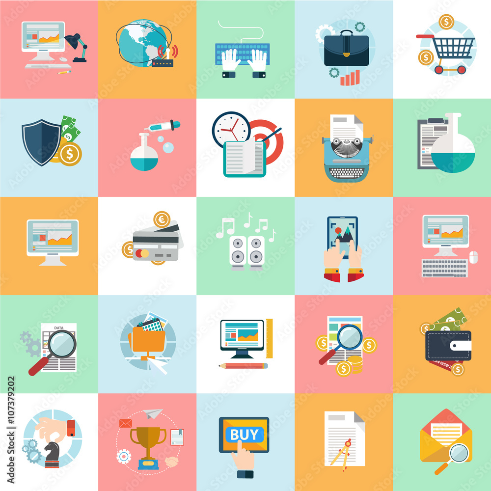 Set of various financial service items, web and technology development, business management symbol, marketing items and office equipment on background Set of various financial service items, web and technology development, business management symbol, marketing items and office equipment on background