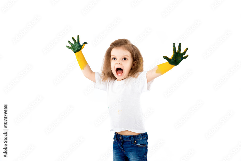 Adorable little girl, modern hair style, white shirt, blue jeans poses, scream, roar, smile. She has paint smeared on her hands. Isolated. White. Stock Photo | Adobe Stock Adorable little girl, modern hair style, white shirt, blue jeans poses, scream, roar, smile. She has paint smeared on her hands. Isolated. White. Stock Photo | Adobe Stock