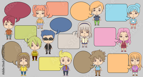 Group of cartoon children talking. Manga anime teenagers.